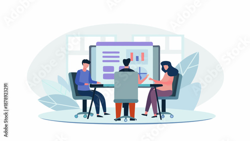 Clean semi flat vector illustration blending physical and digital business workflow