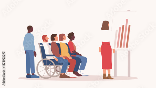 Clean semi flat vector illustration showing side view business collaboration