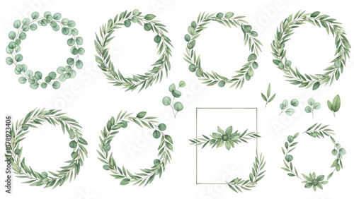 Watercolor floral illustration set   green leaf Frame collection, for wedding stationary, greetings, wallpapers, fashion, background. Eucalyptus, olive, green leaves, etc. High quality illustration