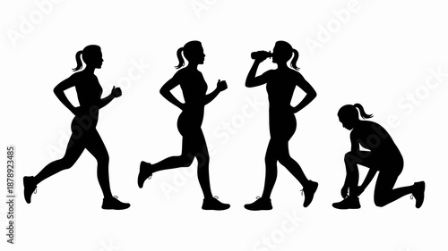a silhouette illustration depicts a woman engaged in various athletic poses including running jogging drinking water and stretching downward high quality professional detailed modern elegant stylish