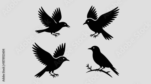 A minimalist depiction showcases four silhouetted birds in various flying and perched positions creating a striking and artistic visual composition high quality professional detailed modern elegant