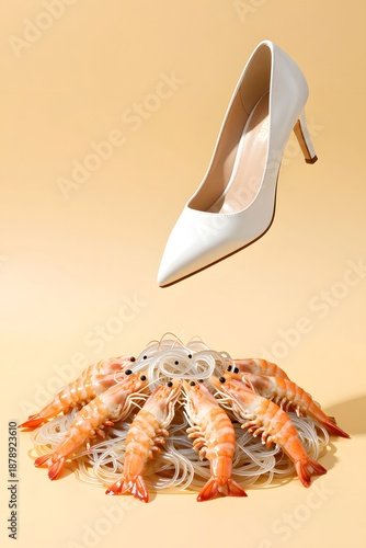 Elegant White High Heel Shoe Above Gourmet Shrimp Dish on Soft Orange Background
