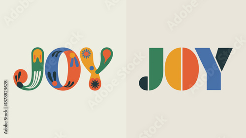 a vibrant presentation of the word joy displayed in two distinct colorful typographic arrangements against a soft beige background high quality professional detailed modern elegant stylish