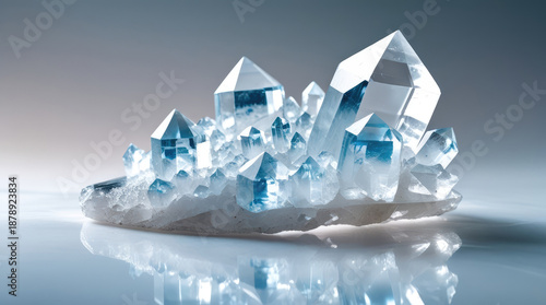 Clear quartz crystal cluster with blue inclusions on a reflective surface, showcasing various shapes and sizes, illuminated by soft lighting for a striking visual effect