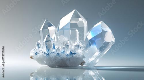 Clear quartz crystal cluster with sharp points and blue accents on a reflective surface, showcasing natural beauty and intricate formations in a minimalistic setting