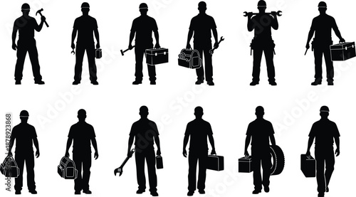 Silhouette worker collection featuring construction, mechanic, electrician, and technician professions holding tools and equipment in industrial labor illustration