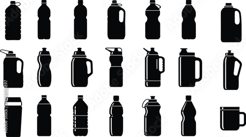Plastic water bottle silhouette set with sports jugs, mineral bottles, drink containers, and mug icons, isolated black vector illustration on white background,