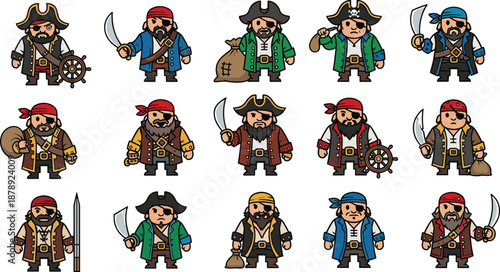 Cartoon pirate character set with bearded captain, crew members holding swords, loot bags, and ships wheels, isolated vector illustration icons on white background,