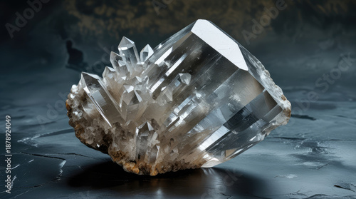 Clear quartz crystal cluster with sharp points and natural inclusions resting on a dark textured surface, showcasing its unique geometric formations and reflective qualities