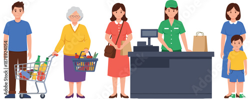 Supermarket Shopping Illustration with Customers, Cashier, Family, and Grocery Cart Showing Everyday Retail Store Lifestyle Scene in Flat Vector Style