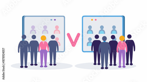 Flat vector illustration showing two opposing business teams