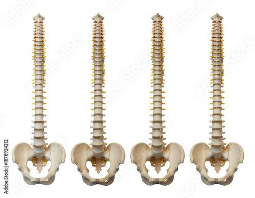 Lumbar spine models with pelvis base ? four identical dorsal views showing vertebrae and intervertebral discs