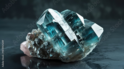 Large blue-green crystal with sharp facets and clear edges resting on a dark surface, showcasing its unique structure and natural beauty in a close-up view
