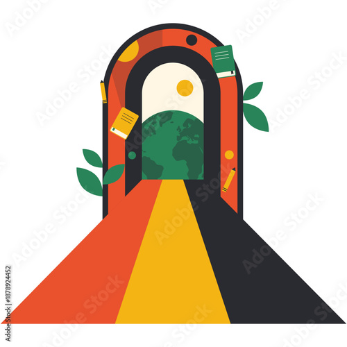 Doorway to global knowledge for education day illustration. Geometric style vector isolated.