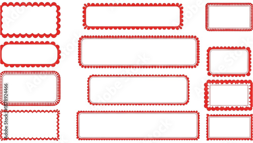 Collection of assorted red outlined label frames on a white surface viewed from directly above