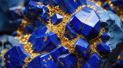 Vibrant blue lapis lazuli crystals with golden pyrite inclusions on a rocky surface showcasing intricate textures and natural beauty in a close-up view