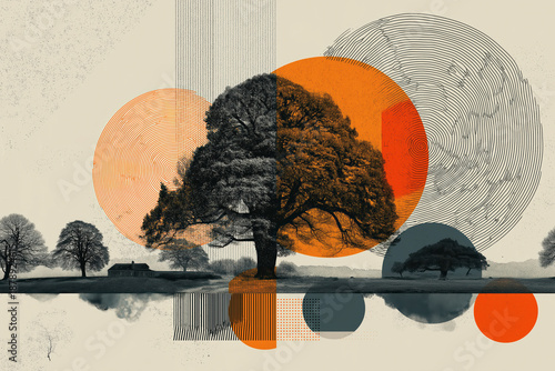 Abstract Landscape Illustration With Large Oak Tree Silhouette And Vibrant Orange Geometric Circles