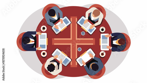 Isometric top hybrid vector illustration showing business workflow