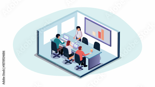 Isometric vector illustration of compact business meeting room