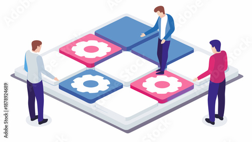 Isometric vector illustration built from modular business blocks