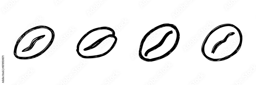 Naklejka premium Coffee Bean Line Icon Set In Doodle Style. Caffeine, Beverage, And Coffee Culture Outline Sketch Collection. Hand Drawn Isolated Vector Illustration