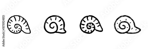 Seashell Spiral Line Icon Set In Doodle Style. Nautical And Marine Life Symbol Outline Sketch Collection. Coastal And Oceanic Theme. Hand Drawn Isolated Vector Illustration