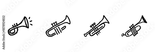 Trumpet Line Icon Set In Doodle Style. Musical Instrument, Jazz, And Brass Band Outline Sketch Collection. Hand Drawn Isolated Vector Illustration