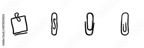 Paperclip And Binder Clip Line Icon Set In Doodle Style. Office Supplies, Document Organization, And Stationery Tools Outline Sketch Collection. Hand Drawn Isolated Vector Illustration