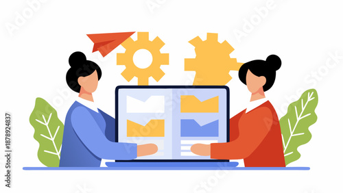 Minimalist line based vector illustration of two business people discussion