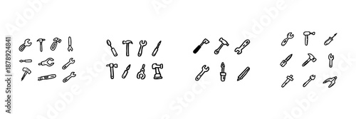 Hand Tools Line Icon Set In Doodle Style. Construction, Repair, And Diy Equipment Outline Sketch Collection. Wrenches, Hammers, Screwdrivers, And More. Hand Drawn Isolated Vector Illustration