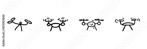 Drones Line Icon Set In Doodle Style. Aerial Technology, Remote Control, And Surveillance Outline Sketch Collection. Unmanned Aerial Vehicles. Hand Drawn Isolated Vector Illustration