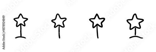 Star Wand Line Icon Set In Doodle Style. Magic, Fantasy, And Imagination Outline Sketch Collection. Enchantment And Wizardry Symbols. Hand Drawn Isolated Vector Illustration