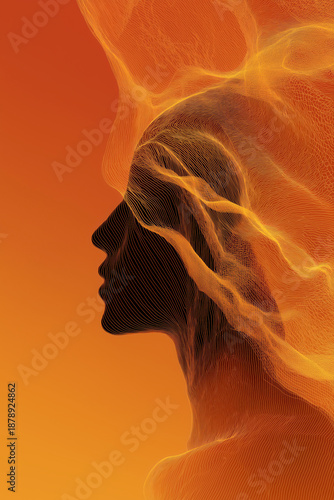 Abstract Side Profile Of Female Face Formed By Glowing Orange Digital Wireframe Lines