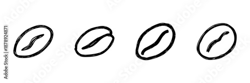 Coffee Bean Line Icon Set In Doodle Style. Caffeine, Beverage, And Coffee Culture Outline Sketch Collection. Hand Drawn Isolated Vector Illustration