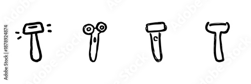 Electric Shaver And Razor Line Icon Set In Doodle Style. Personal Grooming And Hair Removal Tools Outline Sketch Collection. Hand Drawn Isolated Vector Illustration