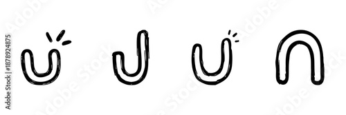 U-Shaped Magnet Line Icon Set In Doodle Style. Magnetic Attraction And Repulsion Outline Sketch Collection. Educational And Scientific Illustration. Hand Drawn Isolated Vector Illustration