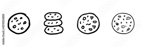 Cookie Variety Line Icon Set In Doodle Style. Sweet Treats, Dessert Selection, And Snack Illustration Outline Sketch Collection. Hand Drawn Isolated Vector Illustration