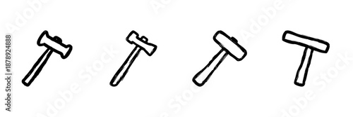 Sledgehammer Tools Line Icon Set In Doodle Style. Construction, Demolition, And Heavy-Duty Work Outline Sketch Collection. Hand Drawn Isolated Vector Illustration