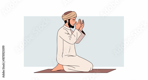 Muslim Man Kneeling on Prayer Mat and Praying with Hands Raised in Supplication, Peaceful Religious Illustration