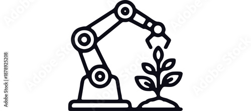 Robot arm gently planting a seedling into soil, showcasing technology in agriculture, untitled design elements in vector illustration