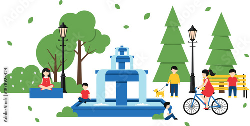 Urban Park Fountain Illustration with People Relaxing, Children Playing, Cycling, and Walking Dog in Green Outdoor City Nature Scene