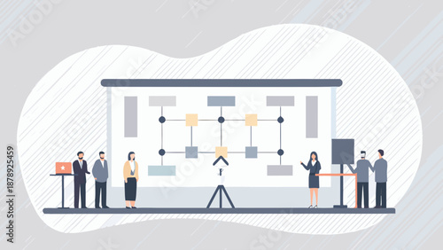 Semi flat vector scene showing wide horizontal business composition