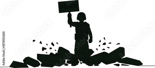 Silhouette of Soldier Holding Peace Sign Amid Debris – Powerful Symbol of Hope, Anti-War Message, and Reconciliation in Conflict Zones