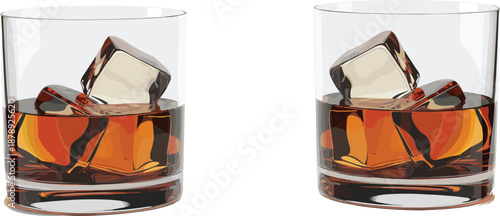 Realistic Whiskey Glasses with Ice Cubes – Twin Amber Drinks on White Background for Beverage Branding, Bar Menus, and Alcohol Illustrations