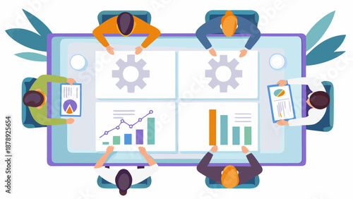 Data Analysis Teamwork: A top-down view captures a dynamic group of individuals huddled around a central data screen, immersed in a collaborative session, working towards common goals. 