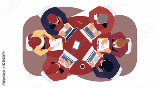 Business Roundtable: Depicting a high-angle view of a strategic business meeting around a table, emphasizing collaboration and dynamic interaction with devices.