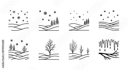 Snowy landscape with trees and snowflakes Vector