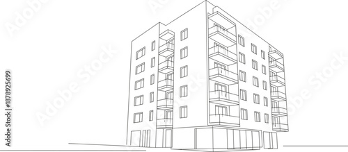 Architectural Line Drawing of Multi-Story Apartment Building – Corner View with Balconies and Commercial Ground Floor for Urban Design and Planning Use