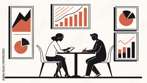 Strategic Discussion: Two professionals, engaged in focused deliberation over crucial business analytics. Surrounding them, meticulously presented charts and graphs.