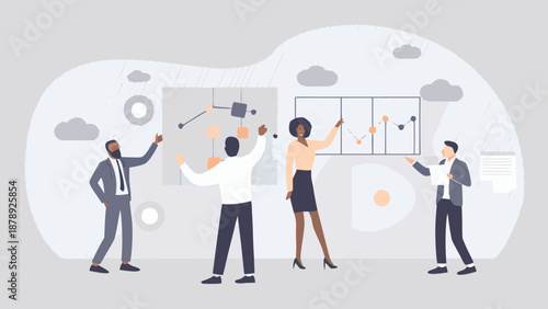 Strategic Collaboration: A group of professionals engaging in a lively brainstorming session, their focus sharp as they work on a presentation, mapping out their next business plan.